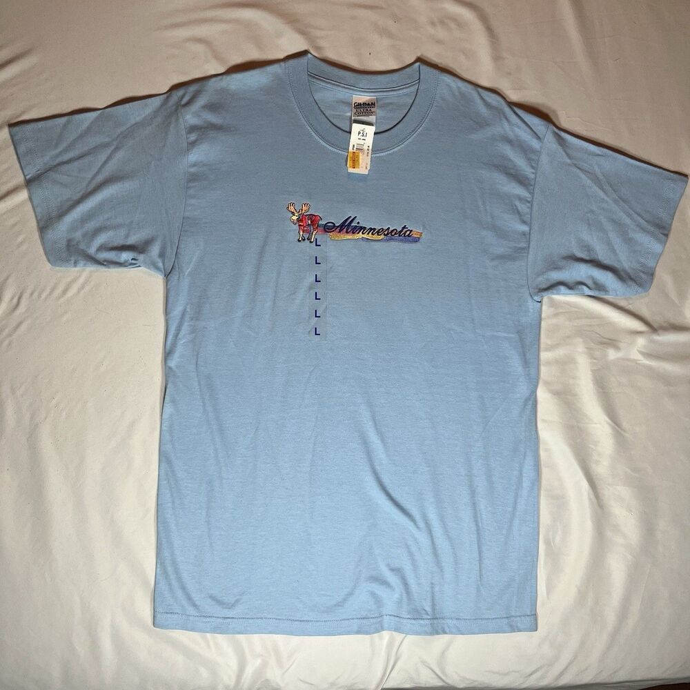 Deadstock T Shirt L Large Travel Minnesota Embroidered Moose Blue Gildan Ultra